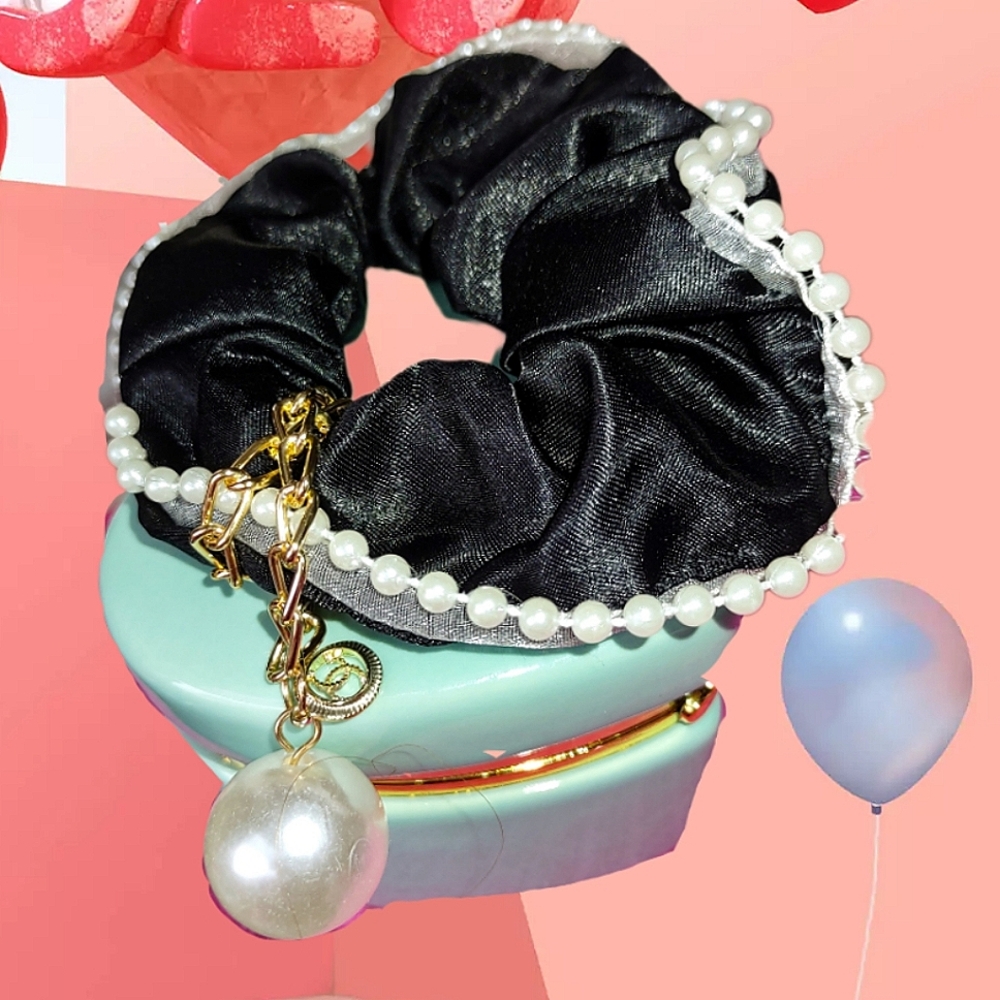 Black Satin Hair Scrunchie Tie w/ Pearl Trim Embellishments